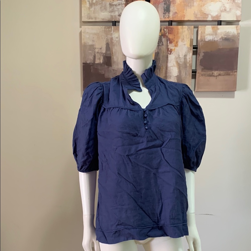Umgee Blue Ruffled 3/4 Sleeve Blouse